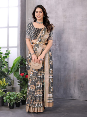 HITESH ENTERPRISE Floral Print Bollywood Cotton Linen Saree(Light Blue)