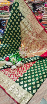 HouseOfCommon Self Design Banarasi Silk Blend Saree(Green, Pink)