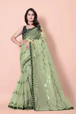 RUCHKET Embroidered Bollywood Net Saree(Light Green)