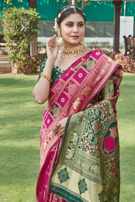 Nirvaan Woven Banarasi Art Silk Saree(Pink, Green)