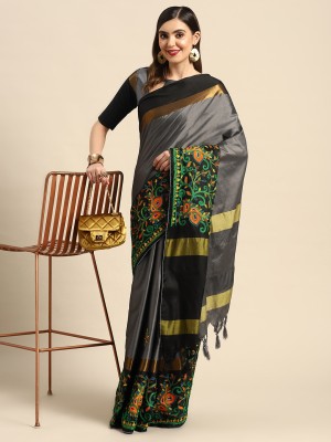 SERONA FABRICS Embroidered Banarasi Cotton Silk Saree(Grey, Black)