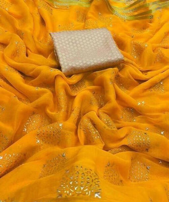Desi Style Printed Bollywood Net, Chiffon Saree(Yellow)