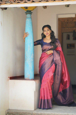 KRIYANSH Self Design Kanjivaram Cotton Blend, Jacquard Saree(Pink)