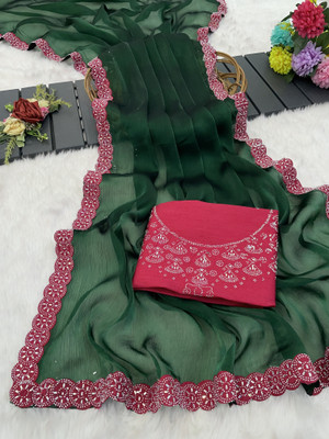 VarniRaaj Fashion Embellished, Solid/Plain Bollywood Silk Blend Saree(Green)