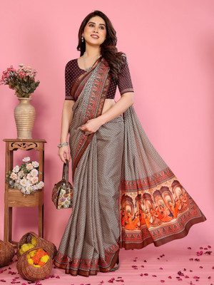 Soor Panchi Printed Bollywood Cotton Silk Saree(Brown)