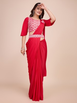 Memsaab Solid/Plain, Embroidered Bollywood Lycra Blend Saree(Red)