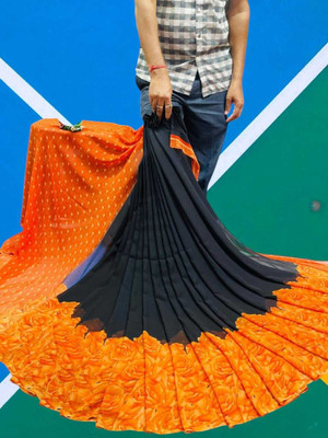 MAMTA FASHION Printed Garara Saree Georgette Saree(Orange, Black)
