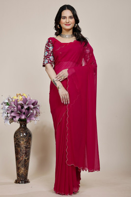 SAADHYA CREATION Embroidered, Solid/Plain Bollywood Georgette Saree(Maroon)