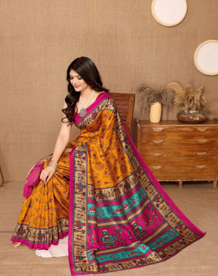YASHIKA Printed Bollywood Art Silk Saree(Yellow)