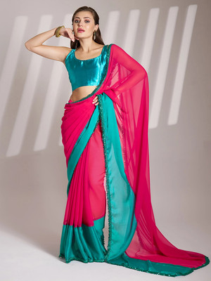 Kalista Embellished, Solid/Plain, Dyed Bollywood Chiffon Saree(Light Blue, Pink)