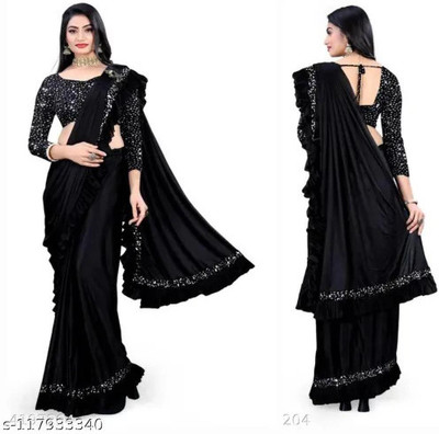 PLEXSTAR Solid/Plain Bollywood Lycra Blend Saree(Black)