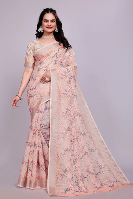 HIYAMI Printed Bollywood Cotton Linen Saree(Cream)