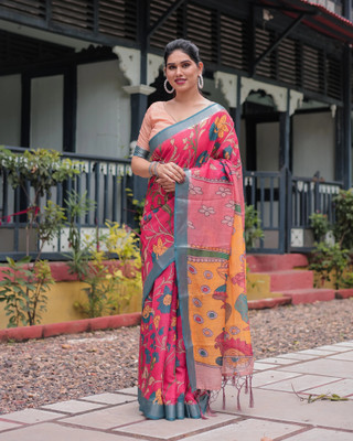 DHAYNAAND REEWA FASHION Floral Print Banarasi Linen Saree(Pink, Blue, Orange)