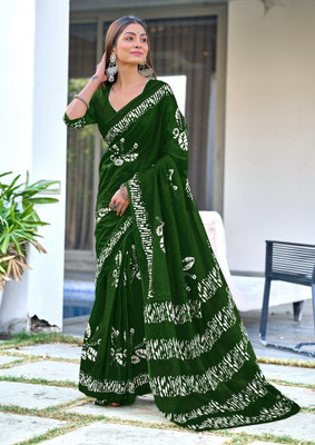 Divastri Blocked Printed, Printed Chanderi Cotton Blend Saree(Green)