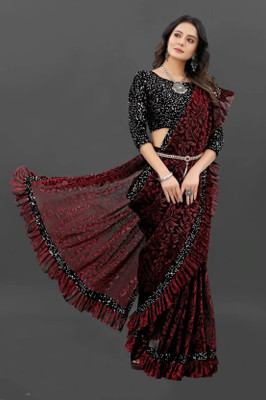 Jinapatel Embellished Bollywood Lycra Blend Saree(Red)