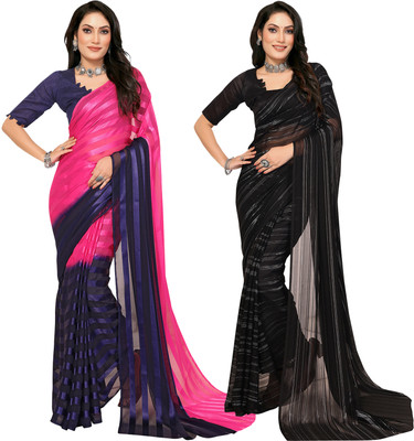 Moda Rapido Self Design, Striped, Ombre Bollywood Satin Saree(Pack of 2, Pink, Blue)