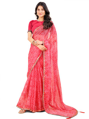 TINA FASHION Geometric Print Bandhani Georgette Saree(Red)