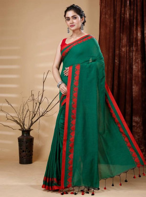 Shree Hari Solid/Plain Handloom Pure Cotton Saree(Green)