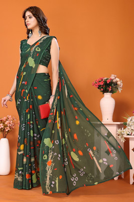 YASHIKA Printed Daily Wear Georgette Saree(Green)