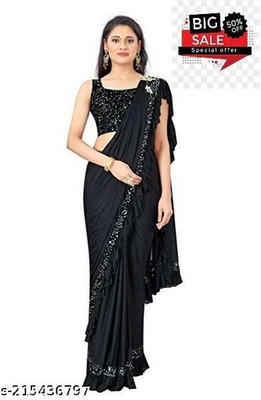 PLEXSTAR Solid/Plain Bollywood Lycra Blend Saree(Black)