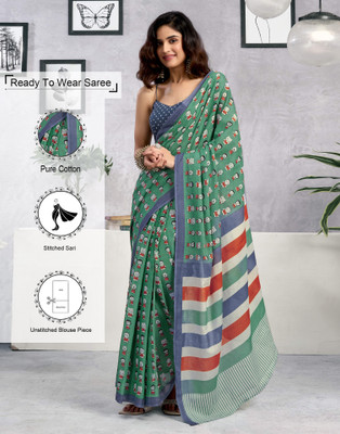 Samah Blocked Printed, Floral Print, Geometric Print Daily Wear Pure Cotton Saree(Green, Multicolor)