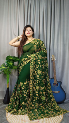 veerlaxmi Embroidered Saree with Attached Blouse Cotton Silk Saree(Dark Green)