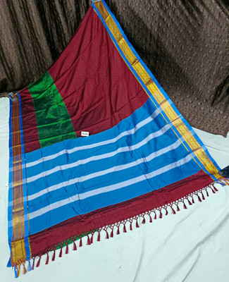 Spewim Striped Handloom Cotton Blend Saree(Maroon)