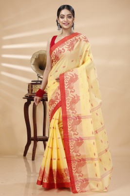 DipDiya Embellished, Woven, Self Design Tant Pure Cotton Saree(Yellow, Red)