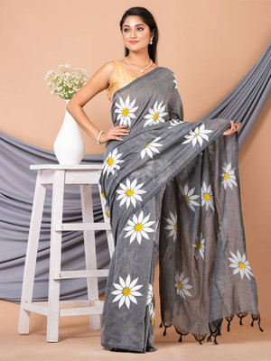 valida Floral Print Handloom Pure Cotton Saree(Grey)