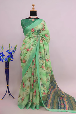 VCREATION Printed Bollywood Cotton Linen Saree(Green)
