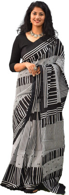 Clothonus Printed, Self Design, Hand Painted Ikkat Pure Cotton Saree(Black)