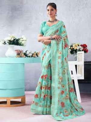 sareezaatrendz Printed Daily Wear Cotton Linen Saree(Light Blue)