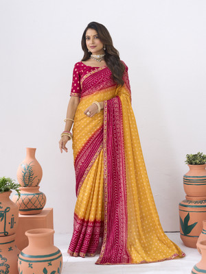 Laxmipati sarees Printed Saree with Attached Blouse Silk Blend Saree(Mustard)