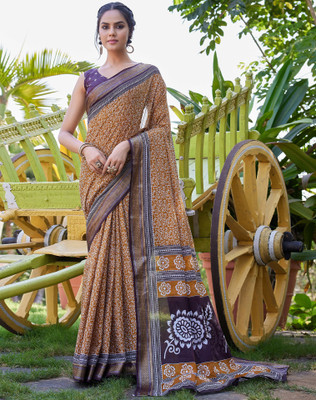 Tasrika Blocked Printed, Printed Daily Wear Pure Cotton Saree(Yellow, Maroon, White)