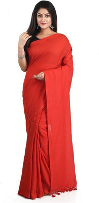 HouseOfCommon Solid/Plain Handloom Cotton Blend Saree(Red)