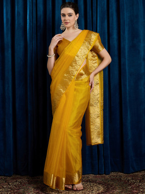 Divastri Woven Bollywood Organza Saree(Mustard)