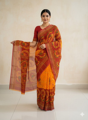 SHREECOLLECTION Printed Daily Wear Pure Cotton Saree(Red, Yellow)
