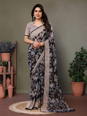HouseOfCommon Floral Print, Embellished, Blocked Printed, Color Block Bollywood Georgette Saree(Grey)