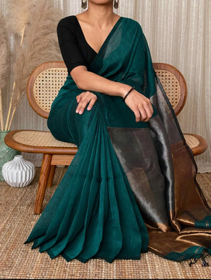 SUEE SUTA Woven Handloom Cotton Blend Saree(Dark Green)