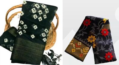 Aaradhna Printed Kota Doria Cotton Blend Saree(Pack of 2, Black, Grey)