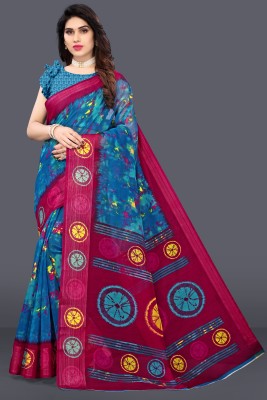 SARETRA MALL Printed Bollywood Cotton Linen Saree(Light Blue)