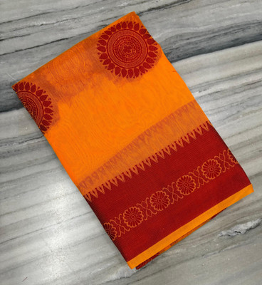 Z A FABRICS Printed, Self Design Chanderi Cotton Blend Saree(Orange, Red)