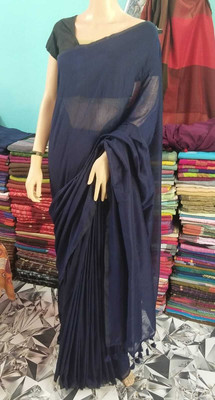 Sandhyatara Solid/Plain Handloom Cotton Blend Saree(Dark Blue)