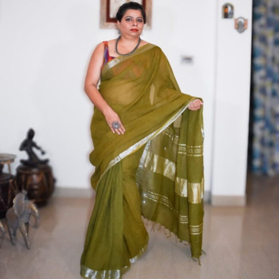 Mznari Solid/Plain Handloom Linen Saree(Green)