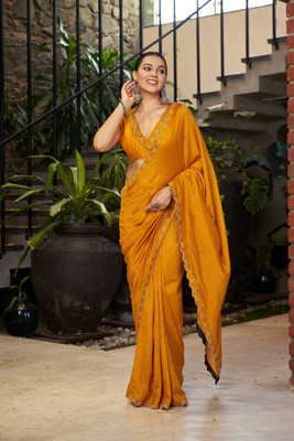 Sanjana Silks Embellished Bollywood Silk Blend Saree(Mustard)