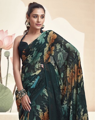 Satrani Floral Print, Embroidered, Embellished Bollywood Chiffon, Georgette Saree(Green, Multicolor)