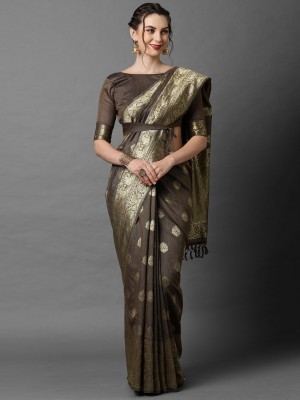 Ratnavati Woven Banarasi Silk Blend Saree(Gold, Grey)