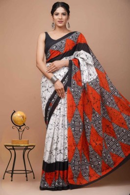 SK Textile Blocked Printed, Color Block, Printed Bollywood Pure Cotton Saree(White, Red, Black)