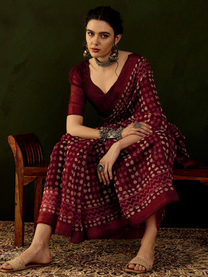 Divastri Printed Bollywood Cotton Linen Saree(Maroon)