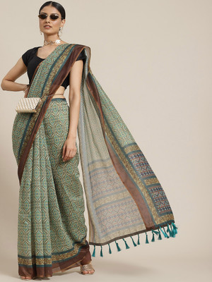 SILK ZONE Printed Chanderi Pure Cotton Saree(Green)